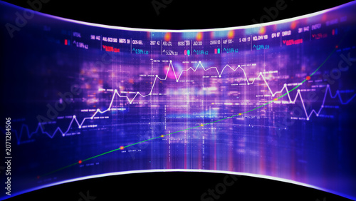 Global financial data visualization, stock market analytics, world map with rising growth chart, big data technology, digital economy, fintech trading interface, futuristic business background