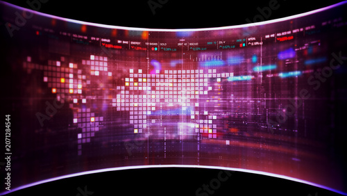Global financial data visualization, stock market analytics, world map with rising growth chart, big data technology, digital economy, fintech trading interface, futuristic business background