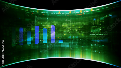 Global financial data visualization, stock market analytics, world map with rising growth chart, big data technology, digital economy, fintech trading interface, futuristic business background