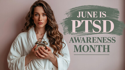 PTSD Awareness Month: A pensive woman in a bathrobe clutches an alarm clock, her gaze fixed forward.