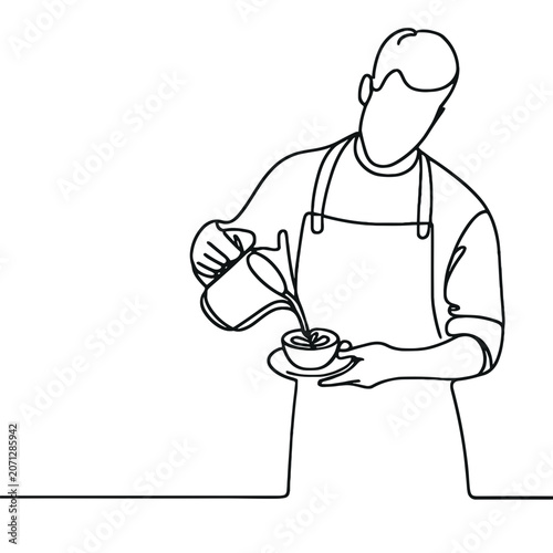 Continuous One Line Drawing of Barista Pouring Coffee into Cup Minimalist Cafe Concept Illustration