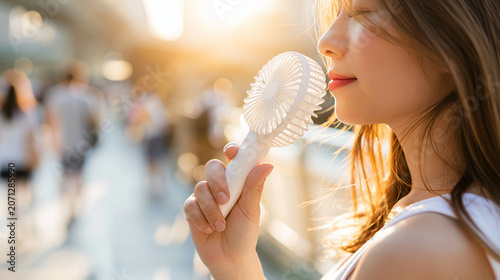Summer Heat Relief: A young woman uses a portable fan to cool herself down amidst the sweltering heat of a busy city street, seeking a moment of respite from the sun's intense rays.