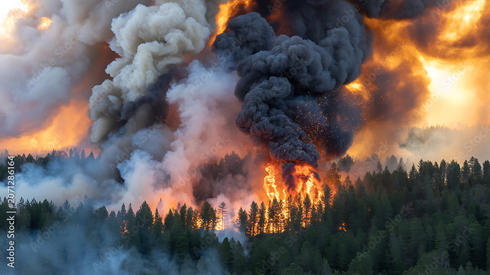 Fototapeta premium Wildfire, forest fire, smoke and flames, burning trees, natural disaster