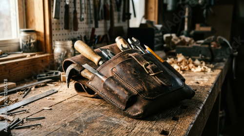 A leather tool bag with various tools on a wooden workbench indoors.