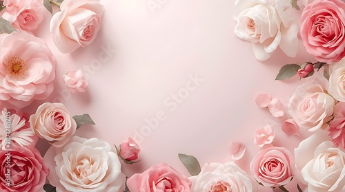 luxury floral birthday background, pink and white roses, elegant soft light, dreamy aesthetic.