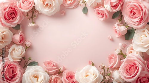 luxury floral birthday background, pink and white roses, elegant soft light, dreamy aesthetic.