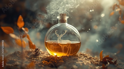 a surreal and vibrant cinematic photo of a delicate glass flask with an intricately designed deer etched onto its surface.