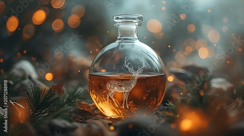 a surreal and vibrant cinematic photo of a delicate glass flask with an intricately designed deer etched onto its surface.