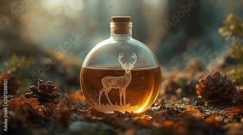 a surreal and vibrant cinematic photo of a delicate glass flask with an intricately designed deer etched onto its surface.