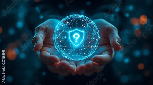 A close-up, high-angle shot of cupped human hands, softly illuminated, gently holding a radiant, spherical holographic projection of a global digital network.