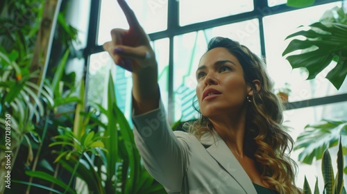 Businesswoman gestures towards a large window in a bright office filled with lush exotic house plants.