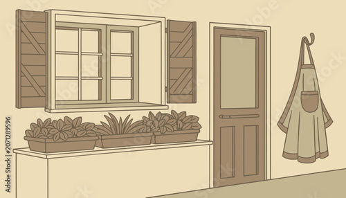 Cozy rustic kitchen window with plants and apron, interior