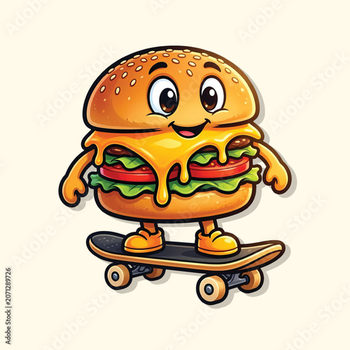 Cute Burger Mascot Riding Skateboard Vector Illustration