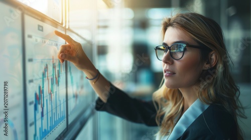 Business analyst wearing glasses points at a glowing digital dashboard displaying detailed stock market performance metrics.
