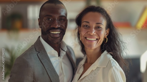 Business partners smile while standing together in a modern office space with blurred background.