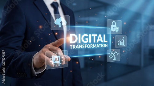 Modern enterprise transformation illustration showing smart technology integration, automation systems, cloud connectivity, and digital innovation for business advancement.