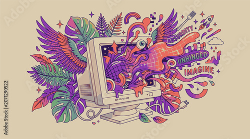 Isolated Surreal Absurdist Floating Retro Computer Monitor Collage Vector, 
