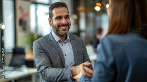 Businessman shaking hands with a colleague in a modern office environment to finalize a successful professional agreement.