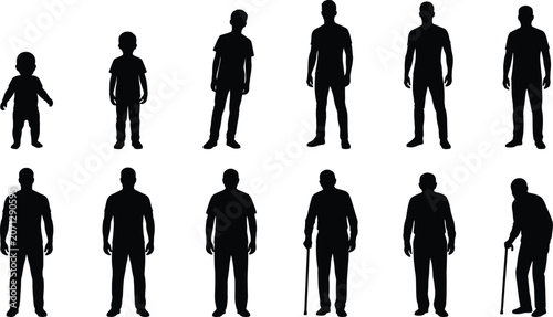 Human Aging Process Silhouette Collection Showing Male Growth and Life Stages