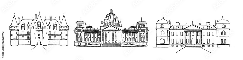 Naklejka premium Hand drawn venue building doodle sketch set with castle, classical dome structure, and mansion, detailed line art drawing of architectural