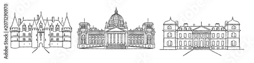 Hand drawn venue building doodle sketch set with castle, classical dome structure, and mansion, detailed line art drawing of architectural