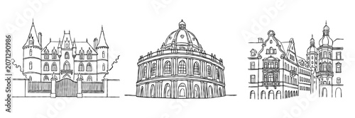 Hand drawn doodle castle venue building architecture old stone tower gate fence medieval structure roof window tower dome building architecture