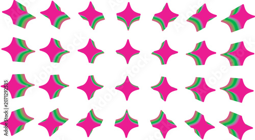 Fotografie A grid of 28 rotating 3d starshaped objects with pink and green gradient surface