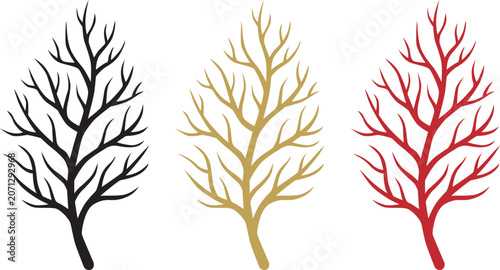 Cuadro en lienzo Set of three stylized leafless tree silhouettes in black, gold, and red