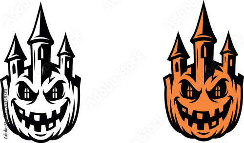 Foto Spooky Halloween Pumpkin Castle Vector Mascot Set Featuring Scary Jack o Lantern
