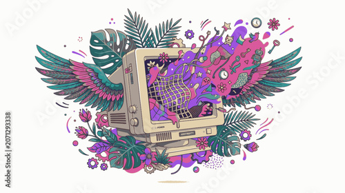 Immersive High Energy Style Whimsical Tech Marketing Illustration, 