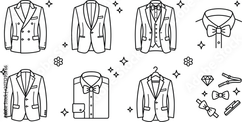 Photos Men suit tuxedo vector set with formal wedding jacket line art and elegant fashi
