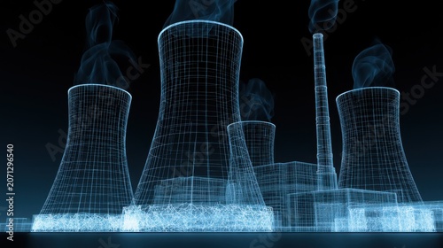 Nuclear power plant cooling towers wireframe 3D illustration on dark background