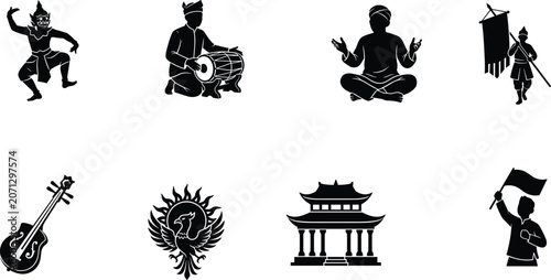 Vászonkép Thai Cultural Silhouette Vector Collection Featuring Traditional Dancer Musician