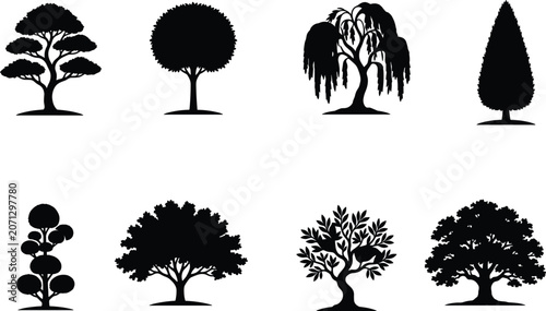 Tableau sur toile Tree Silhouette Vector Collection Featuring Ornamental Deciduous Evergreen and W
