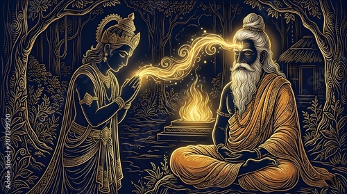 golden line art of lord rama greeting a meditating rishi