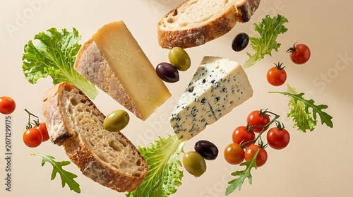 Floating Bread Cheese Olives And Tomatoes Against A Beige Background
