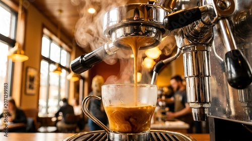 Espresso Machine Pouring Coffee Into Glass Cafe Interior Scene