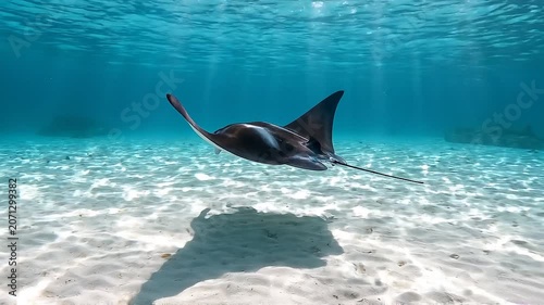 Manta Ray Gliding Through Sunlit Waters A majestic manta ray gracefully glides through clear turquoise water