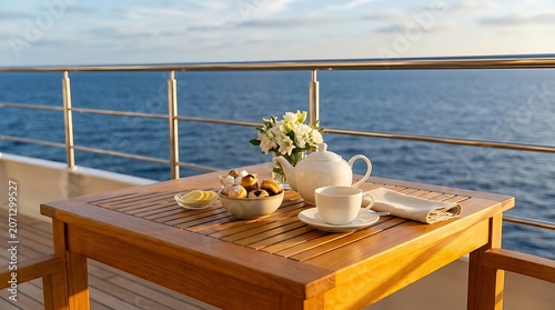 Teapot cup and pastries on a wooden table with ocean view