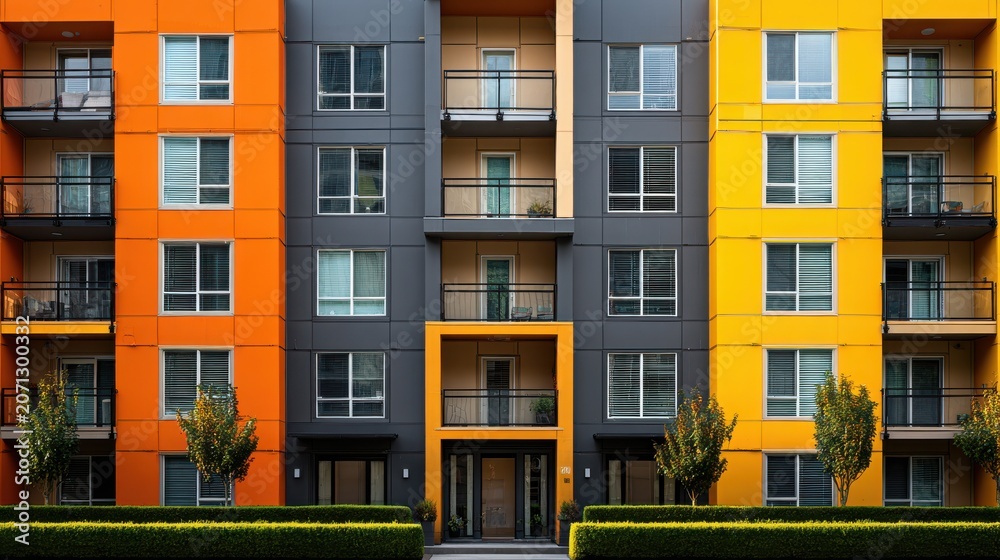Obraz premium Modern apartment building exterior with colorful facade and balconies