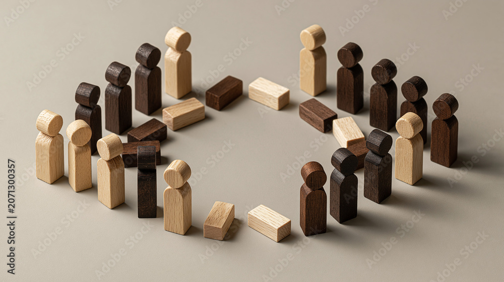 Obraz premium Circle of Inclusion: A diverse group of wooden figures, representing different ethnicities, stand together in a circular formation, symbolizing unity and community.