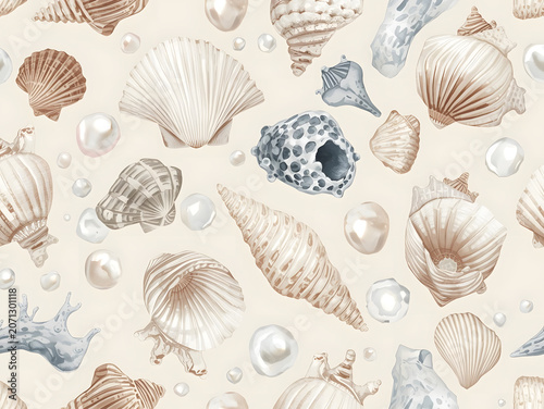 Seamless summer pattern with elegant seashells, pearls and coral