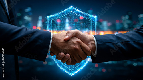 Cyber Security Partnership: A close-up shot captures two business people in suits shaking hands, symbolizing a strong partnership and agreement.