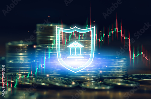Banking security concept with shield icon, stacked coins and financial chart. Represents asset protection, secure investments, risk management, financial safety and digital banking services.