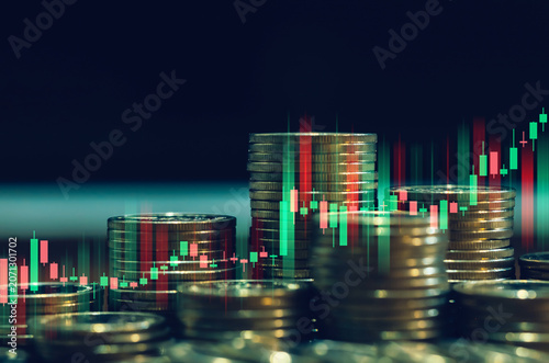 Investment growth concept featuring stacked coins and bullish market chart. Represents wealth creation, portfolio performance, financial planning, capital appreciation and long term returns.