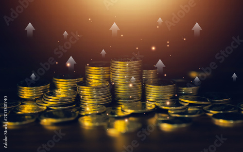 Wealth growth concept with stacked coins and rising arrows symbolizing financial prosperity, investment success, capital growth, savings accumulation and long term financial stability.