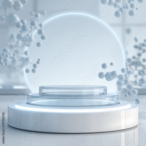 A futuristic white circular platform with transparent tiers, surrounded by molecular structures and a glowing halo in a clean, high-tech environment