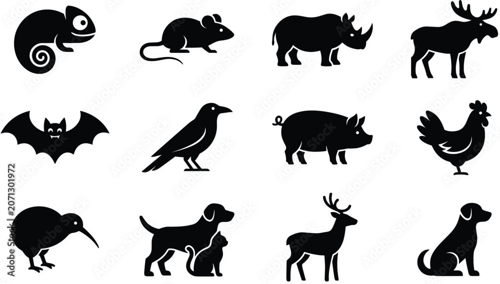 Obraz premium Wild and Domestic Animal Silhouette Icon Set with Chameleon, Rhino, Bat, Crow, Dog, Cat, and Forest Wildlife Vector Symbols