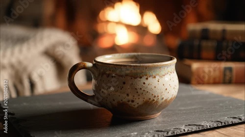 Rustic Coffee Cup Beside Warm Fireplace Glow