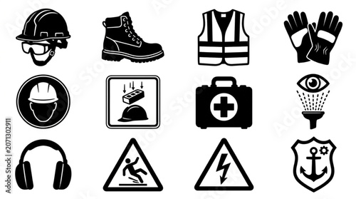 Collection of safety equipment and warning signs icons.